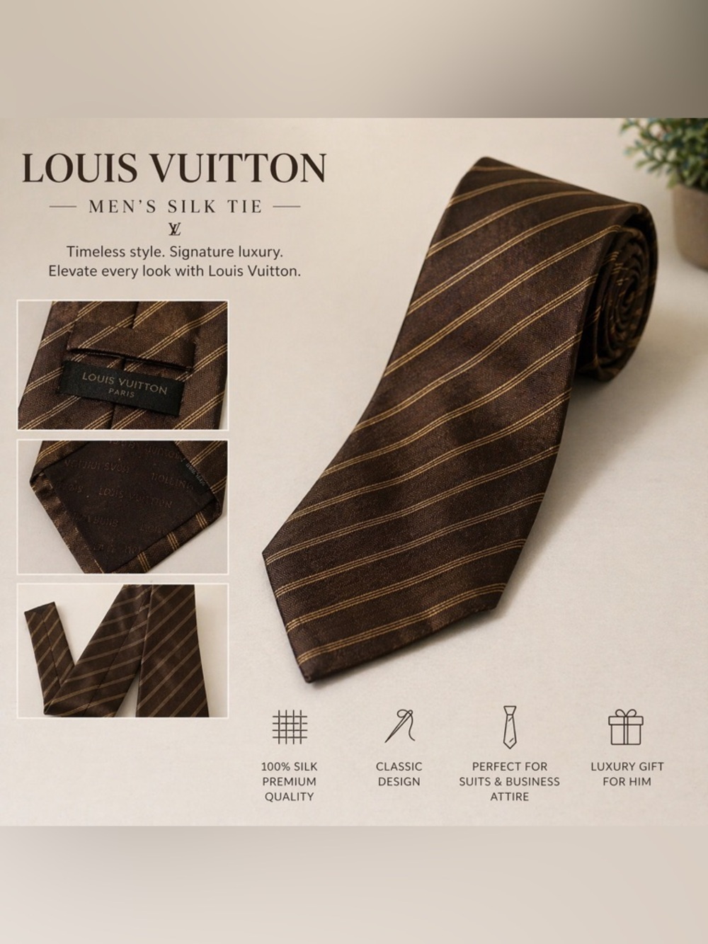 Louis Vuitton Brown Tie with Gold Stripes